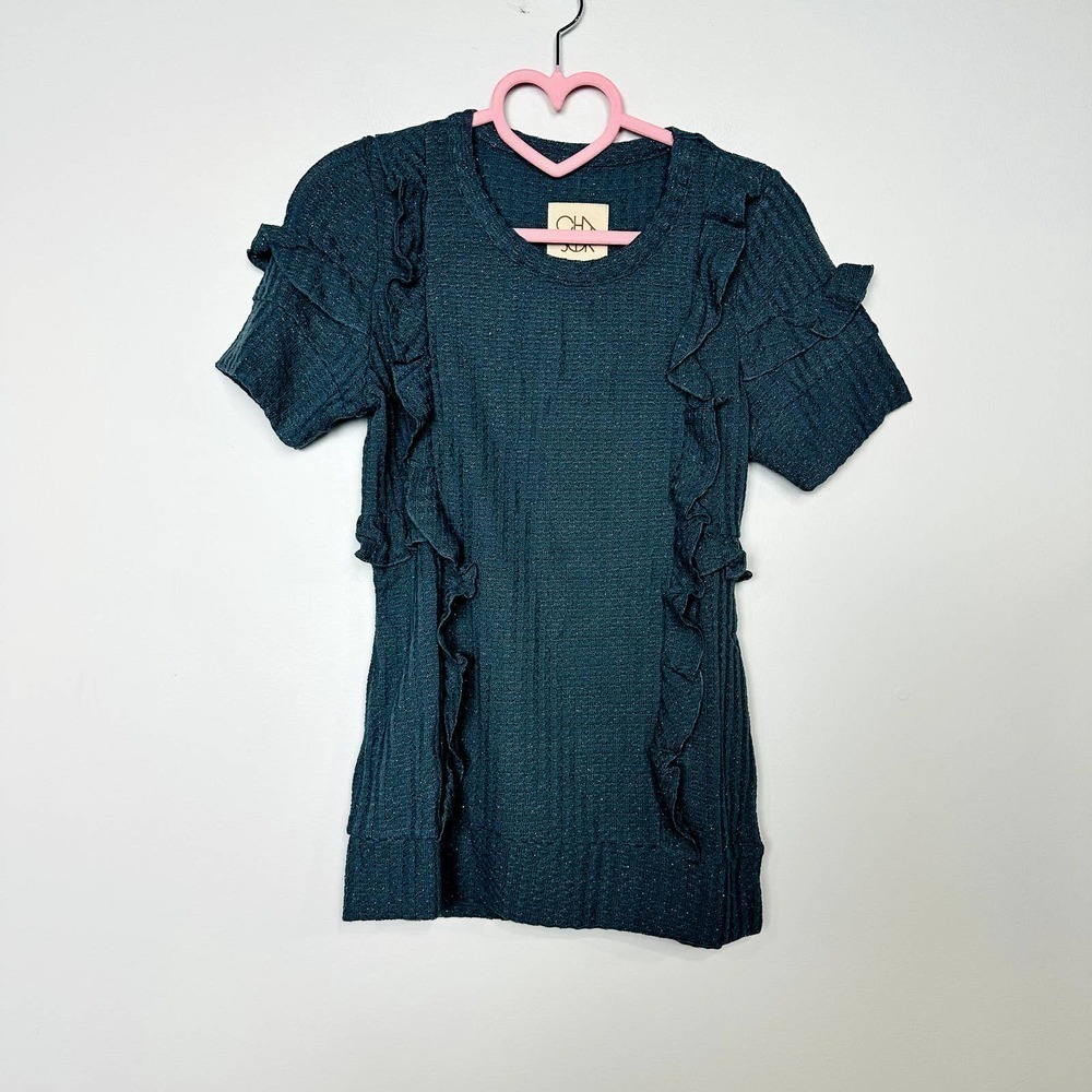 Chaser NWT Waffle Knit Ruffles Crew Neck Short Sleeve Casual Top Teal Metallic